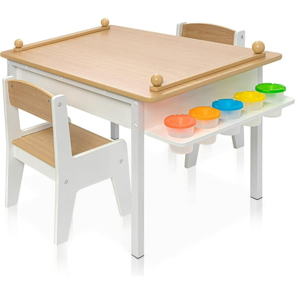 2-in-1 Kids Art Table and Chair Set Activity Table with Storage, Easel Transformation - 5 Paint Cups, and Paper Roll for Endless Creativity