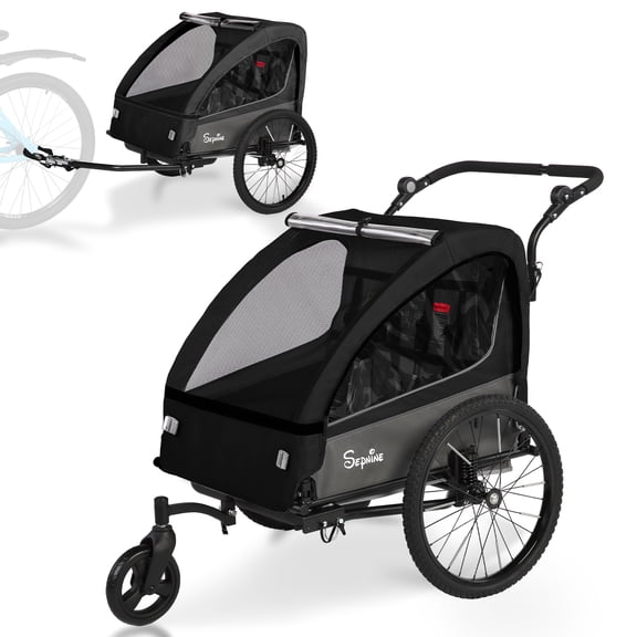 2-in-1 Kids Bike Trailer and Stroller with Suspension Bike Trailer for 1 to 2 Children, Jogging Function, Foldable, 5-Point Harness, Spacious Storage, with Bug Screen and Weather Shield
