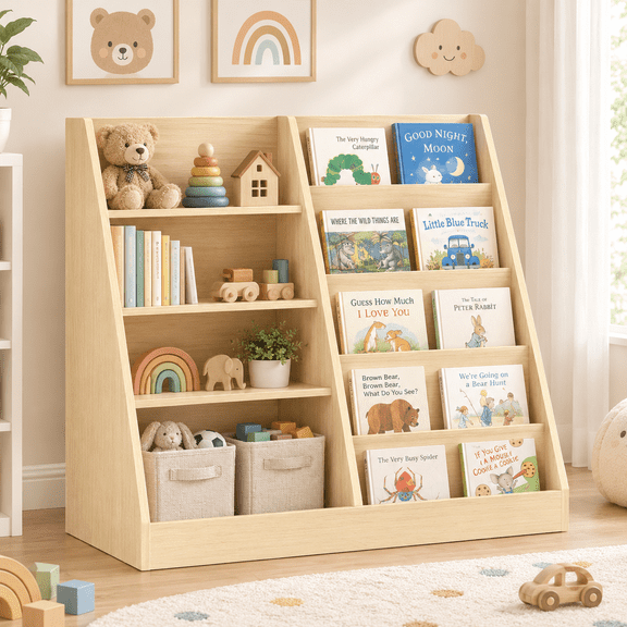 2-in-1 Kids Bookshelf Toy Storage Organizer, Front Facing Toddler Bookcase for Nursery Playroom,Natural