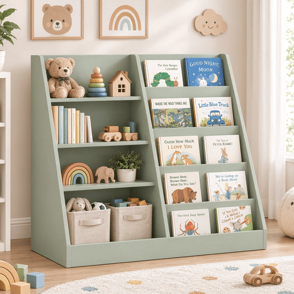2-in-1 Kids Bookshelf Toy Storage Organizer, Front Facing Toddler Bookcase for Nursery Playroom,Sage