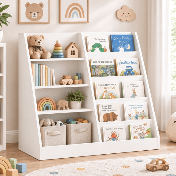 2-in-1 Kids Bookshelf Toy Storage Organizer, Front Facing Toddler Bookcase for Nursery Playroom,White