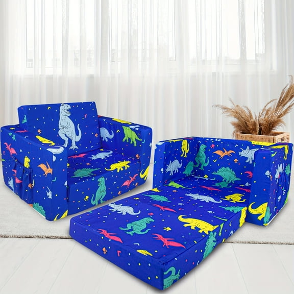 2-in-1 Kids Convertible Sofa to Lounger - Dinosaur & Unicorn Themed Play Couch for Boys & Girls - Soft Polyester, Multiple Colors
