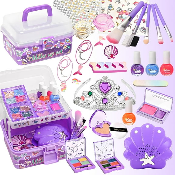 Rirool Kids Makeup & Nail Polish Kit for Girls - 2 in 1 Washable Cosmetic Set with Nail Dryer, Princess Crown & Jewelry - DIY Toys Gift for Ages 3-8 Purple