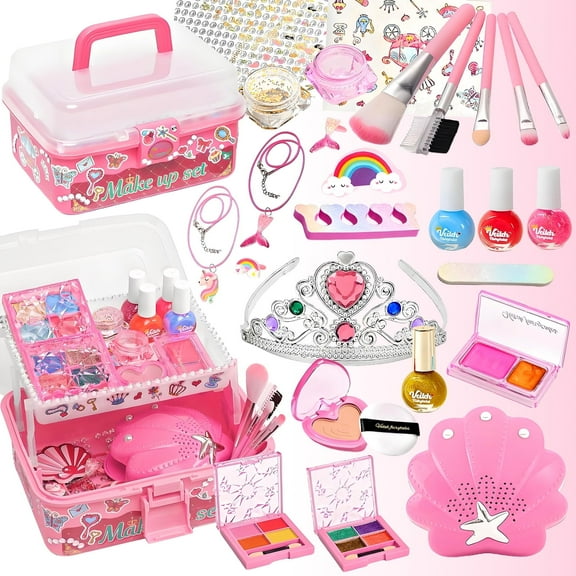 Rirool Kids Makeup & Nail Polish Kit for Girls - 2 in 1 Washable Cosmetic Set with Nail Dryer, Princess Crown & Jewelry - DIY Toys Gift for Ages 3-8 Pink