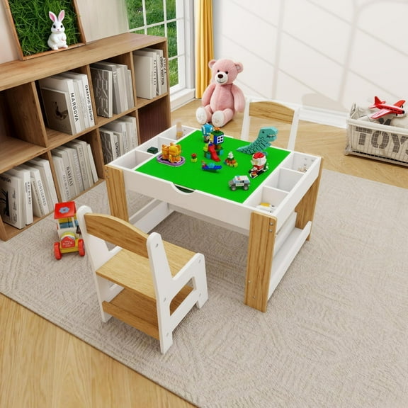 2 in 1 Kids Play Table & 2 Chairs Set, Activity Table Set with 7 Storage Compartments, Compatible with LEGO Building Block