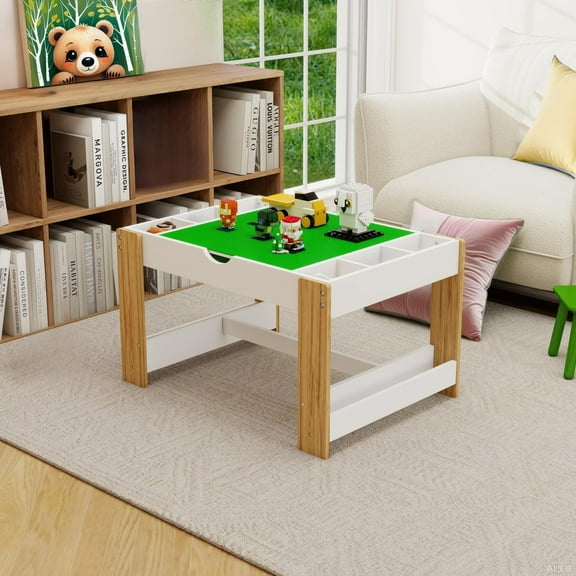 2 in 1 Kids Play Table, Activity Table with 7 Storage Compartments, Compatible with LEGO Building Block