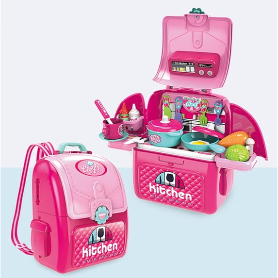 2-in-1 Kids Pretend Play Backpack Playset, Kitchen Tool Makeup Pet Care Role Play Toy, Portable Travel Carry Case Preschool Gift for Toddlers Boys Girls Ages 3 4 5 6 Years Old