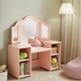 thumbnail image 1 of 2 in 1 Kids Princess Vanity Storage Cabinet with Detachable Top, Tri-fold Mirror, Kids Vanity for Girls Age 3-9 (Pink), 1 of 5