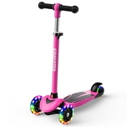 2-in-1 Kids Scooter for Ages 3-12, 3 Wheel Lean to Steer Scooter with LED Light-Up Wheels, Adjustable Handlebar, Foldable & Detachable for Boys & Girls,Pink