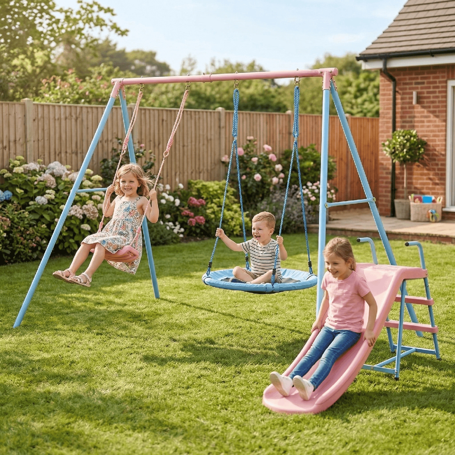 2-in-1 Kids Swing Set with Slide, Outdoor Playground Playset with Classic Swing & Disc Swing, Metal Frame HDPE Plastic, for Kids Ages 3+