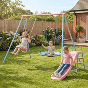 2-in-1 Kids Swing Set with Slide, Outdoor Playground Playset with Classic Swing & Disc Swing, Metal Frame HDPE Plastic, for Kids Ages 3+