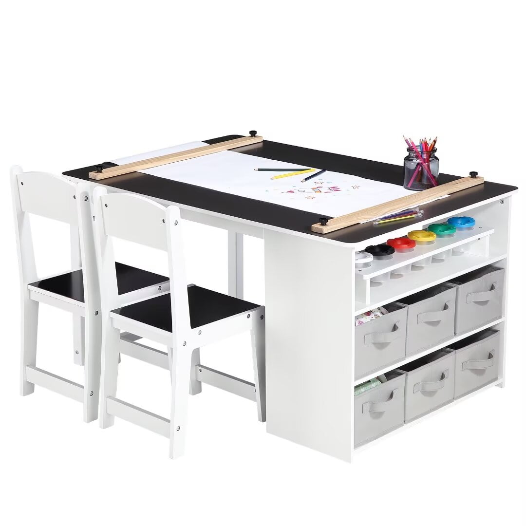 2 in 1 Kids Table and Chair Set, Kids' Art Table & Easel Set with Large ...