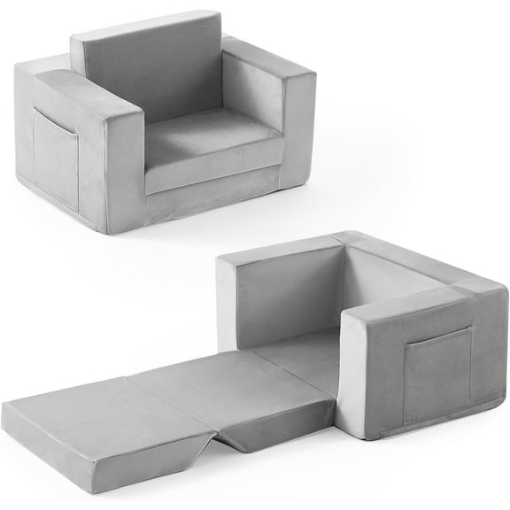 2-in-1 Kids Toddler Chair - Grey Soft Coral Fleece, Fold-Out Couch for 1-3 Years Old (Boys/Girls)