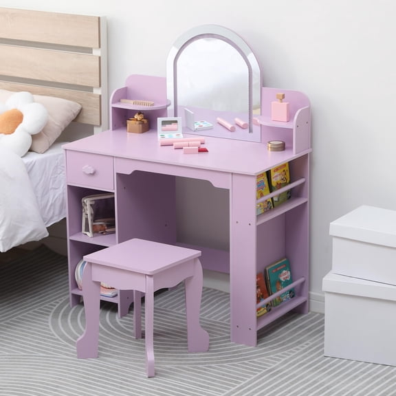 2-in-1 Kids Vanity Set with Lighted Mirror, Table & Stool for Girls 3-9 Years, Makeup Table with Bookshelf, Drawer & Open Shelves for Storage