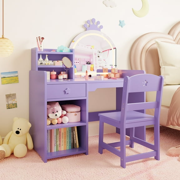 2-in-1 Kids Vanity Table & Chair Set with LED Lighted Mirror, Princess Makeup Desk, Bookshelf, Storage Cabinet, Open Shelves, Wooden Dressing Table
