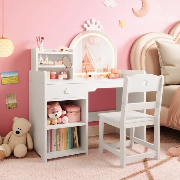 2-in-1 Kids Vanity Table & Chair Set with LED Lighted Mirror, Princess Makeup Desk, Bookshelf, Storage Cabinet, Open Shelves, Wooden Dressing Table
