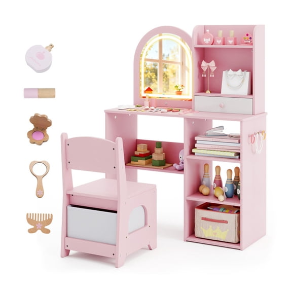 2-in-1 Kids Vanity & Writing Desk Set - LED Lighted Shatterproof Mirror Pink