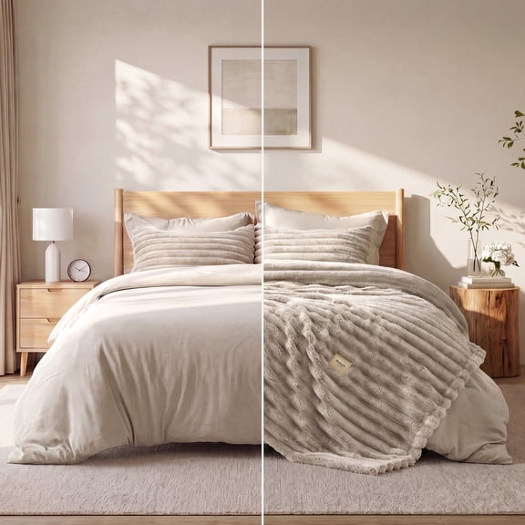 2-in-1 King Size Comforter Set and Detachable Fluffy Blanket, Beige Bedding Set for All Season Use, Includes 2 Pillow Shams, 2 Pillowcases