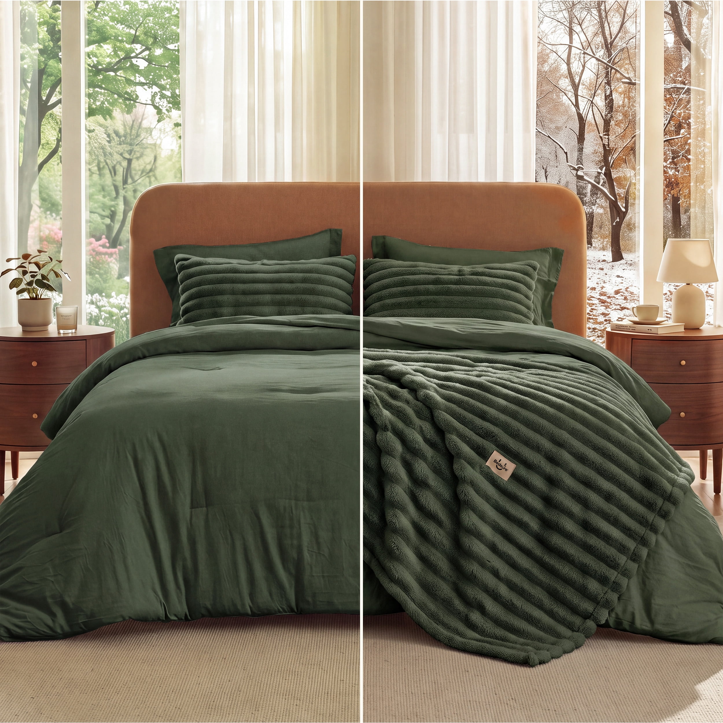 U Bedsure 2-in-1 King Size Fall Comforter Set and Detachable Fluffy Blanket, Olive Green Bedding Set for All Season Use, Detachable Design for Space Saving(Includes 2 Pillow Shams,2 Pillowcases)