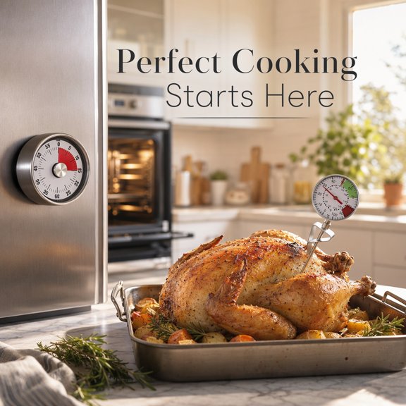 2-in-1 Kitchen Timer and Meat Thermometer Set, Mechanical Magnetic Countdown Timer & Stainless Steel Food Probe Thermometer for BBQ Cooking Baking