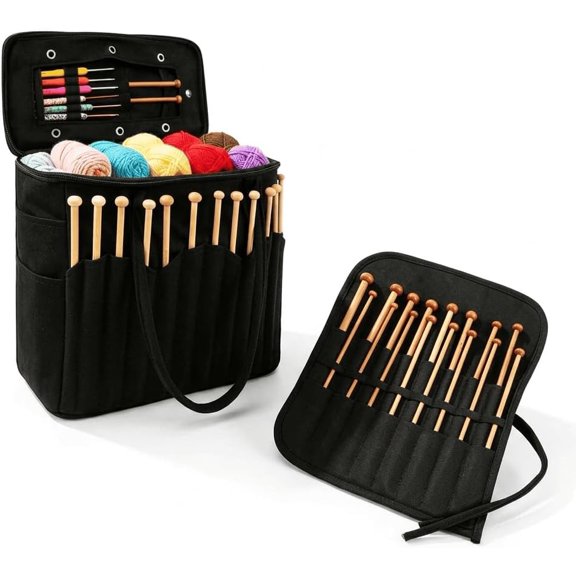 2-in-1 Knitting Bag, Canvas Yarn Storage Bag Set with Roll-up for Crochet | 2-Piece Durable Canvas Organizer with Multiple Pockets and Yarn Holes for Crochet Lovers, Mom, Grandma, Birthday Gifts