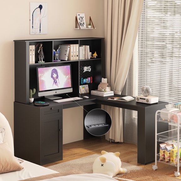 L Shaped Computer Desk with Storage Drawers, 2-IN-1 Home Office Desks with Bookshelf & Hutch & Pegboard, Modern Office Table with Outlet, Work Desk Study Desk for Home Office, Black