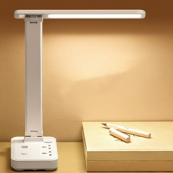 2-in-1 LED Eye-Protection Desk Lamp with Smart Socket,2USB 2.0A/5V,2AC Outlets,0-100% Dimmable,Cold/Warm/White Light,PVC,US Plug