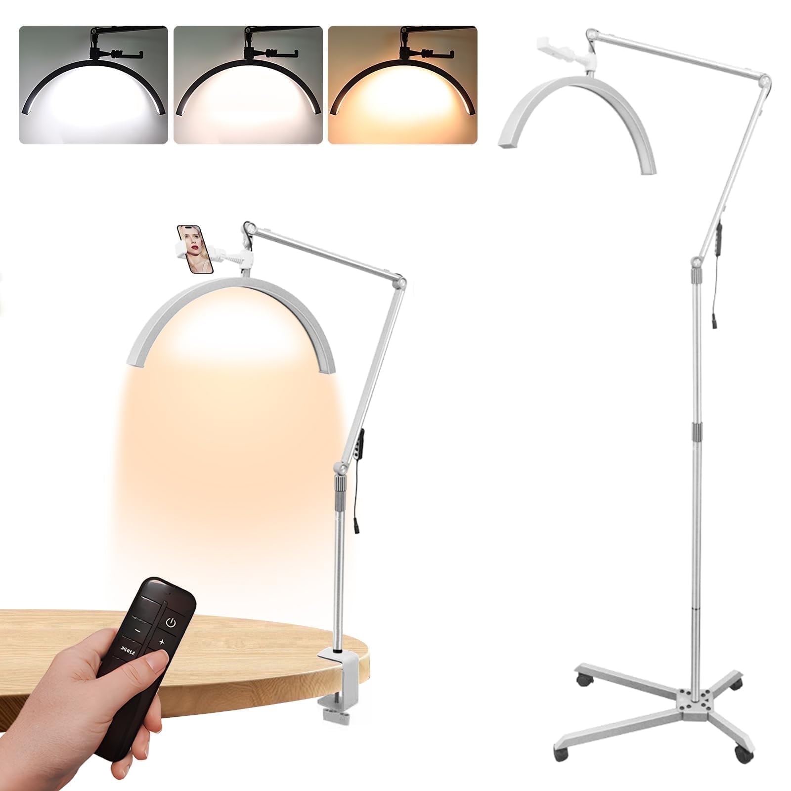 Yacona 2 in 1 LED Lash Lamp for Eyelash Tech, 360-Degree Rotation Lash Light, Adjustable Brightness and Height Half Moon Light, Shadowless, White