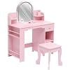 2-in-1 LED Lighted Vanity Desk Set, Multi-Zone Storage with Side Bookshelf, 3 Touch Light Modes & Matching Ergonomic Stool,Pink