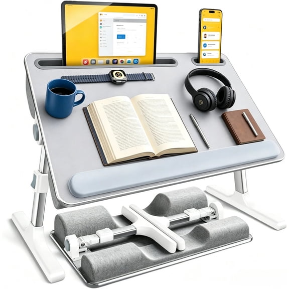2-in-1 Lap & Bed Desk with Soft Cushions - Adjustable Height & Angle, Foldable Laptop Stand for Bed & Couch - Wrist Rest, iPad Holder, Stopper & Non-Slip Leather - Bed Table for Adults & Kids
