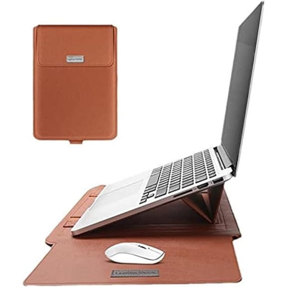 2 in 1 Laptop Sleeve Bag with Adjustable Stand, PU Leather Protective Notebook Case with Extended Mouse Pad for 13 14 15 16 inch Notebook