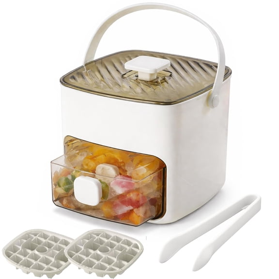 2-in-1 Large Capacity Ice Maker & Storage Bin Set, Press Release Ice Cube Tray with Lid & Scoop, Double-Layer 48-Cell Easy Release One-Click Demolding Silicone Mold, Pull-Out Ice Drawer(White)