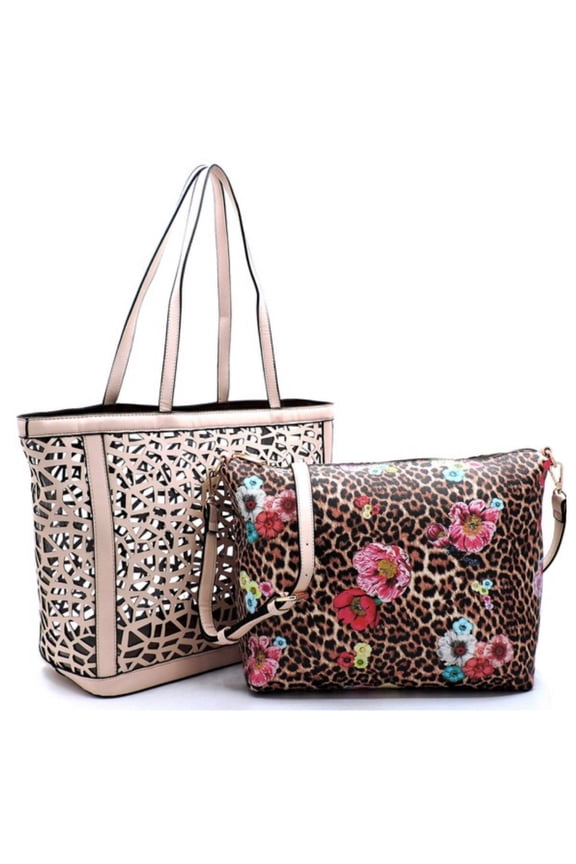 2 in 1: Laser Cut Out Beige Leather Shopper and Leopard Cross Body Bag-Purse-Tote