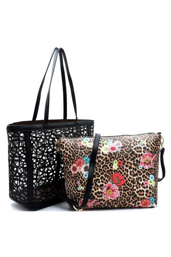 2 in 1: Laser Cut Out Black Leather Shopper and Leopard Cross Body Bag-Purse-Tote