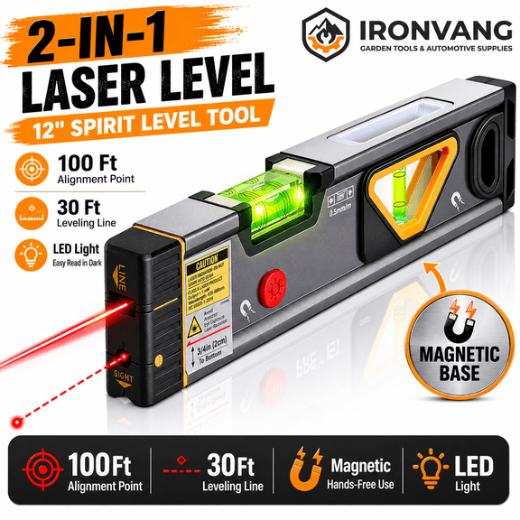 2-in-1 Laser Level 12 Inch Magnetic Spirit Level Tool with LED Light, 100Ft Alignment Point, 30Ft Leveling Line, Aluminum Laser Leveler for Construction, Picture Hanging, Home Renovation
