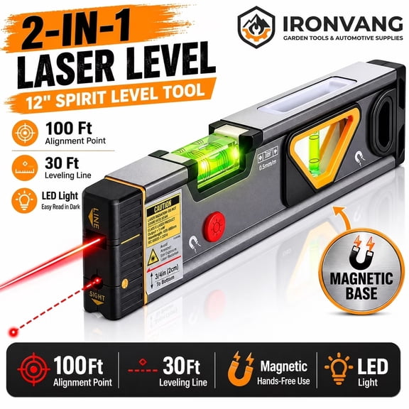 2-in-1 Laser Level 12 Inch Magnetic Spirit Level Tool with LED Light, 100Ft Alignment Point, 30Ft Leveling Line, Aluminum Laser Leveler for Construction, Picture Hanging, Home Renovation
