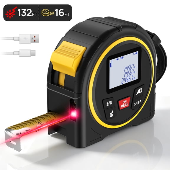 2-in-1 Laser Tape Measure, 132Ft/40m Laser Distance Meter with 16Ft Measuring Tape, Rechargeable Laser Measuring Tool, Backlit LCD Screen Ideal for Home Construction Woodworking DIY