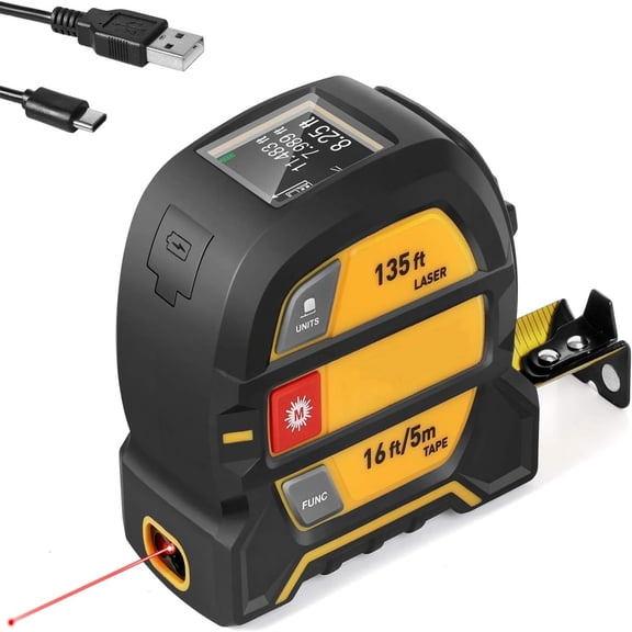 2-in-1 Laser Tape Measure, 135Ft Rechargeable Measurement Tool & 16Ft Measuring Movable Magnetic Hook - , Area, Volume, Ft/Ft+in/in/M Unit NOT Digital