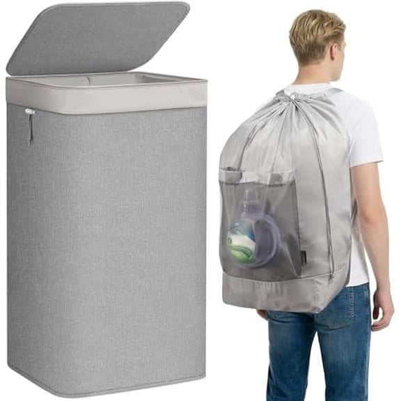 2-in-1 Laundry Hamper with Laundry Backpack Bag, 90L Metal Frame Laundry Basket, Dirty Clothes Bag with Shoulder Straps and Mesh Pocket for College, Travel, Laundromat, Apartment, Gray