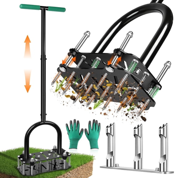 2-in-1 Lawn Aerator Tool With Interchangeable Spike & Plug Core Heads  Manual Adjustable Handle Heavy Duty Yard For Soil Loosening Care Garden