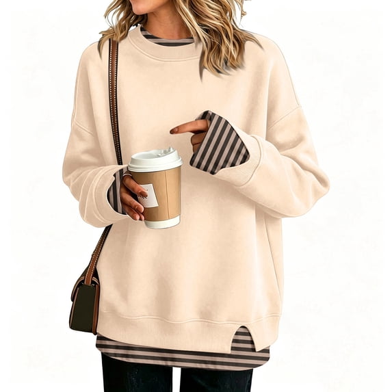 2 in 1 Layered Sweatshirt for Women Striped Cuffs and Hem Crewneck Long Sleeve Relaxed Fit Casual Pullover