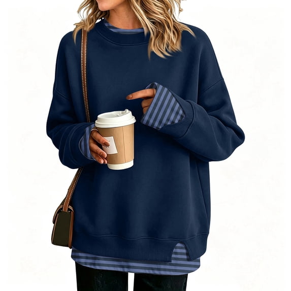 2 in 1 Layered Sweatshirt for Women Striped Cuffs and Hem Crewneck Long Sleeve Relaxed Fit Casual Pullover