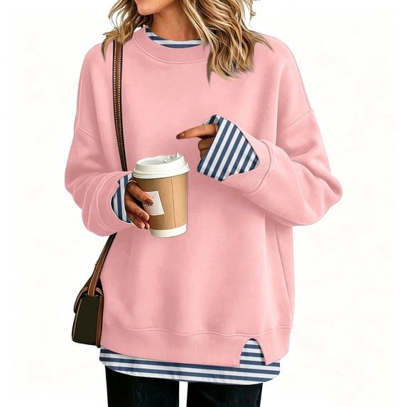 2 in 1 Layered Sweatshirt for Women Striped Cuffs and Hem Crewneck Long Sleeve Relaxed Fit Casual Pullover