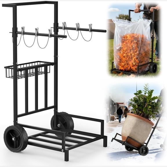 2-in-1 Leaf Bag Holder Cart & Hand Truck Dolly, Trash Bag Stand with 7" All-Terrain Wheels, 200lbs Capacity, Anti-Loss Clips & Utility Basket