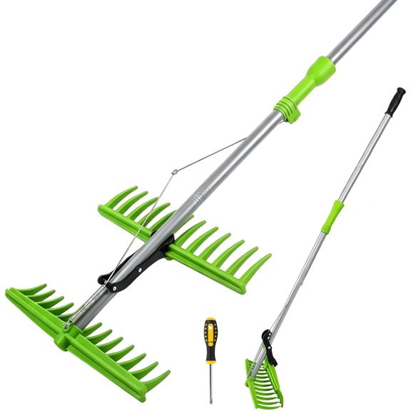2 in 1 Leaf Rake Grabber, Lightweight Long Handle Adjustable Lawn Tool