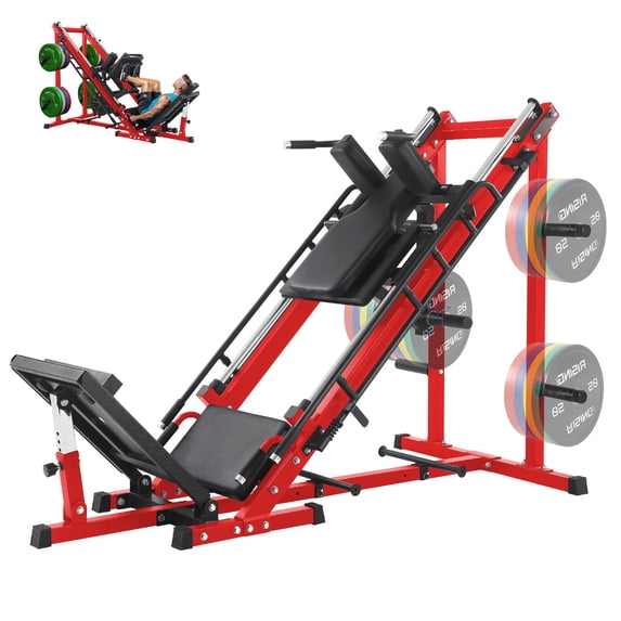 2-in-1 Leg Press & Hack Squat Machine – 440LBS Capacity, Linear Bearings, Calf Block, Weight Storage, Professional Strength Trainer for Home Gym – Black and Red, Model HM1905