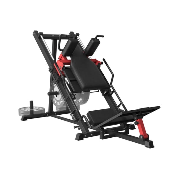 2-in-1 Leg Press & Hack Squat Machine for Home Gym - 1500 lb Plate-Loaded Strength Trainer - Linear Bearings, Band Pegs, Adjustable Lower Body Workout - Color: Red-Black