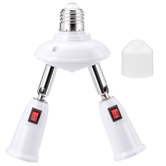 2-in-1 Light Socket Splitter, E26 E27 to 2 Sockets Extender with Switches, 360 Rotatable Dual Bulb Adapter for Garage