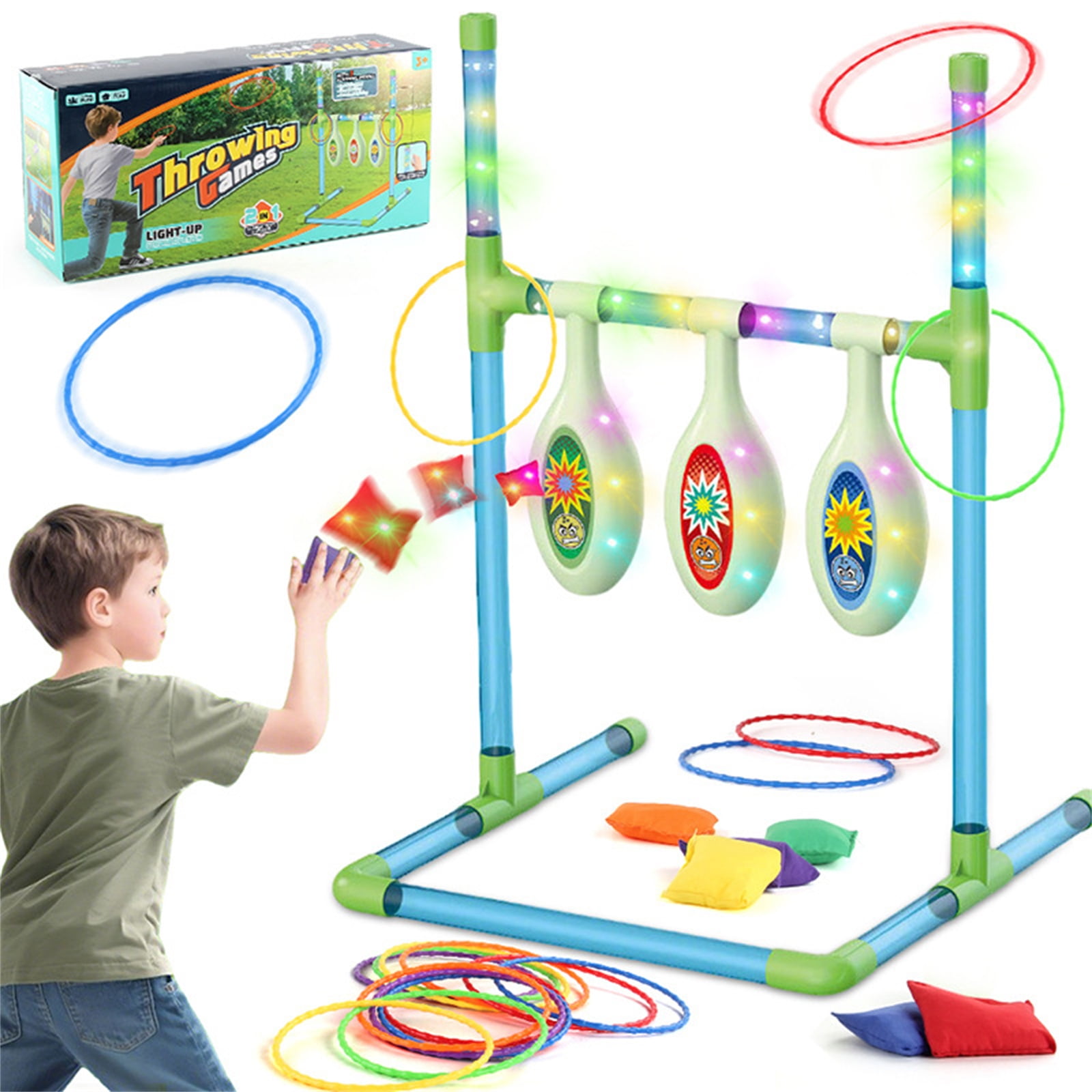 2-in-1 Light-Up Bean Bag Toss and Ring Toss Game Set - LED Glowing Outdoor Lawn Games for Adults & Family - Portable Backyard Carnival Target Game with 6 Sandbags, 12 Rings, and Storage Bag