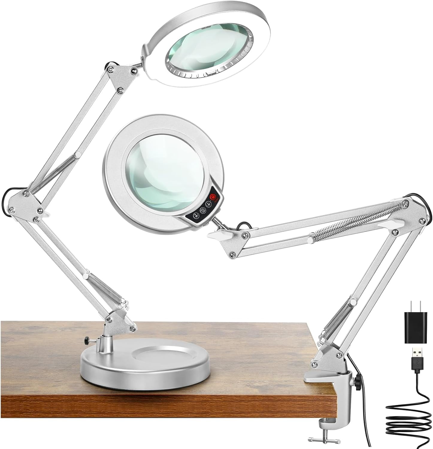 10X Magnifying Glass With Light And Stand, Real Glass Lens 3 Color Modes Stepless Dimmable Hands Free Adjustable Arm Led Lighted Magnifier Desk Lamp Clamp Crafts Rea